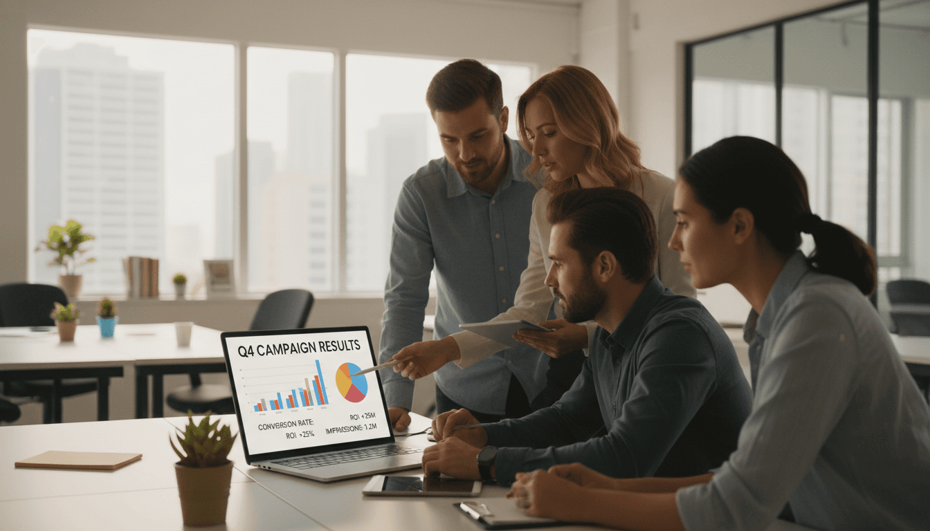 Marketing team reviewing campaign analytics on a laptop