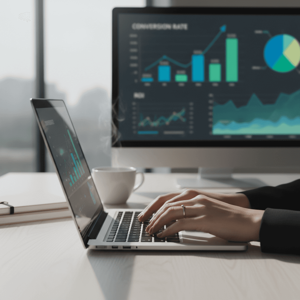 Marketing professional reviewing campaign metrics on a laptop