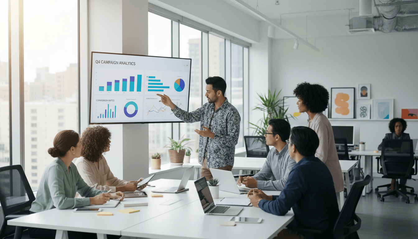 Marketing team analyzing data on computer screens